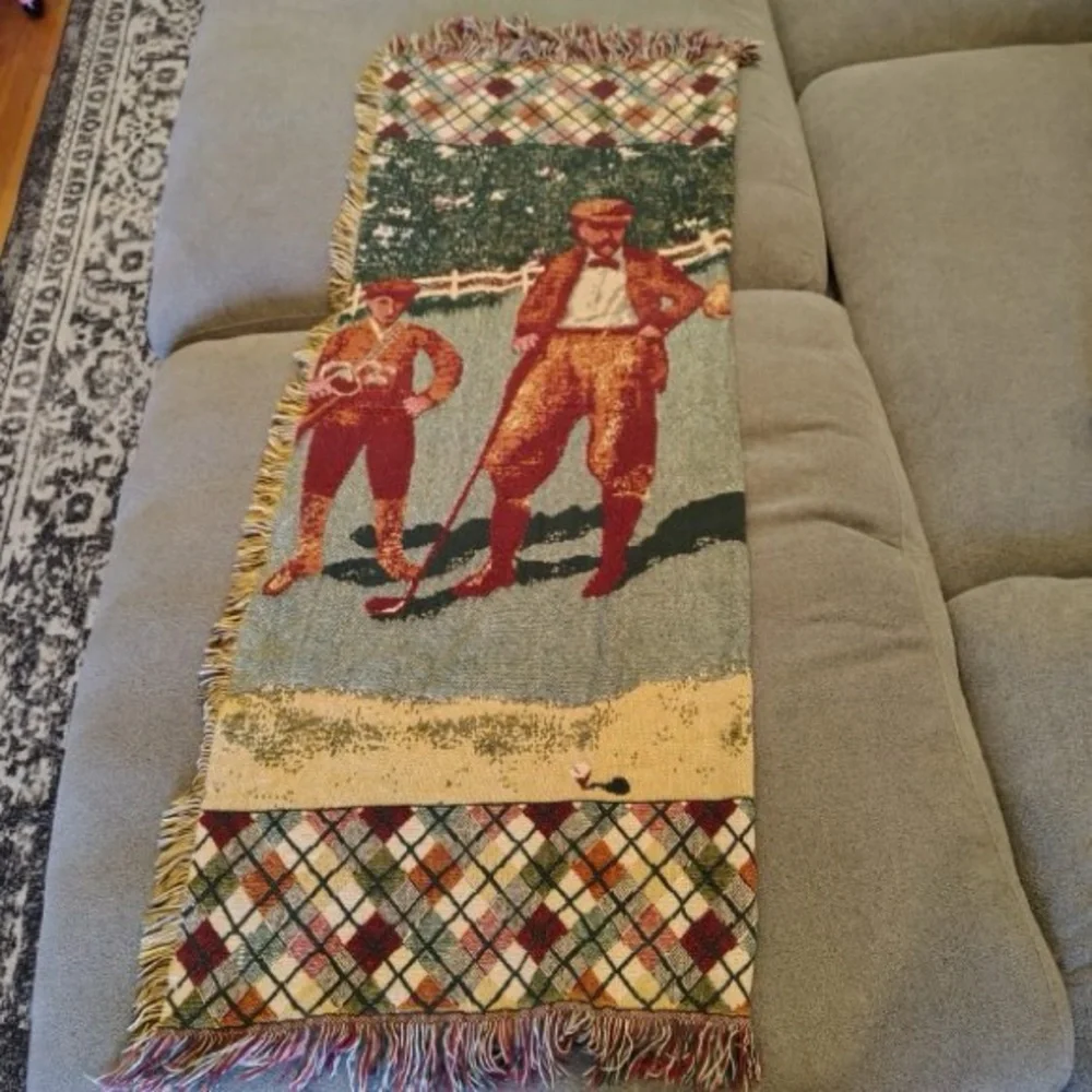 Vtg Golf Scene Woven Knit Throw Blanket Fringe Argyle Pattern 45x60” Warm Cozy
